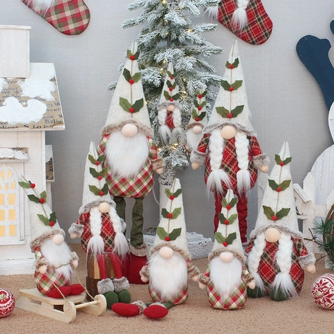 Christmas Gnome Plush Doll Faceless Santa Ornament With Retractable Legs And Plaid Fabric For Holiday Home Table Decor