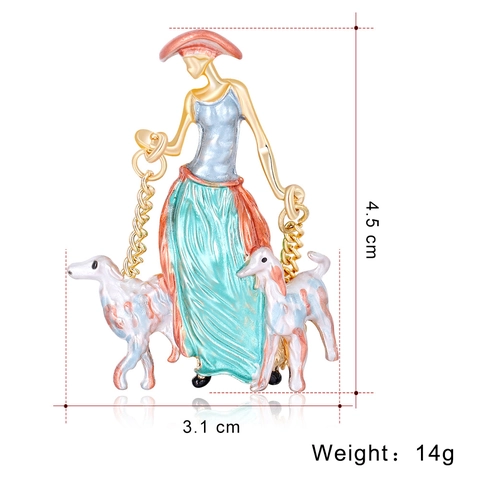 Vintage Alloy Enamel Brooch For Women Elegant Woman Walking Dogs Pattern Gold Finish Fashion Apparel Pin Gift Accessory