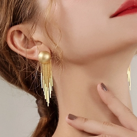 Pendientes de Gota Elegantes con Borla Larga para Mujer Pendientes de Cobre con Líneas Geométricas y Poste de Plata 925