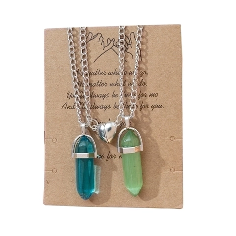 Magnetic Heart Couple Necklace Natural Stone Crystal Hexagonal Pillar Pendant Alloy Chain Lovers Friends Jewelry Gift