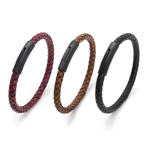Men Woven Genuine Leather Bracelet With Stainless Steel Magnetic Clasp Vintage Braided Rope Simple Jewelry