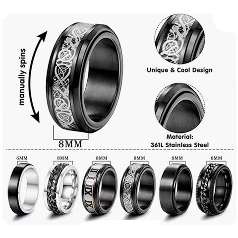 Stainless Steel Spinner Ring Anxiety Stress Relief Rotating Double Layer Dragon Pattern Roman Numerals Cuban Chain Jewelry