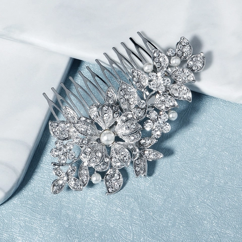 Bridal Hair Comb Alloy Rhinestone Faux Artificial Pearl Floral Leaf Design Wedding Headpiece For Women Banquet Accessory