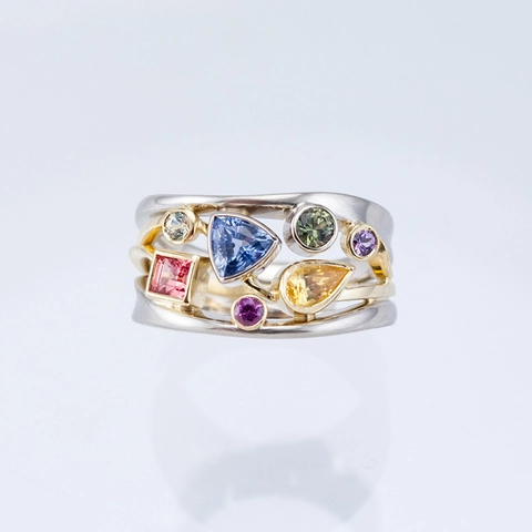 Künstlerischer Bunter Zirkonia Ring Kupfer Zweifarbig Geometrisches Wellendesign Band Schmuck Für Damen