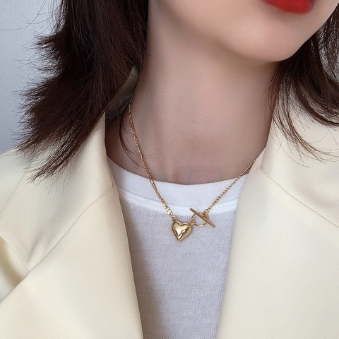 Heart Pendant Necklace 925 Sterling Silver Figaro Chain Toggle Clasp French Style Elegant Jewelry For Women