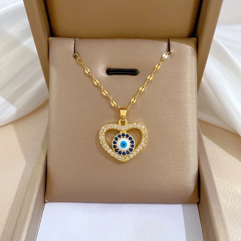 Evil Eye Herz Anhänger Halskette Vergoldet Edelstahl Kupfer Zirkon Für Damen Schlüsselbein Kette Schmuck