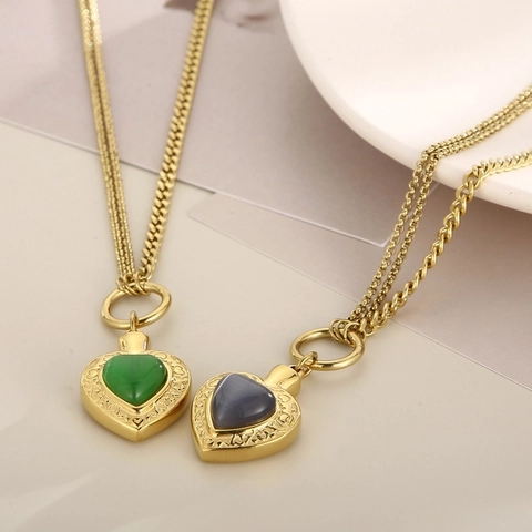 Ensemble De Bijoux Collier Et Bracelet En Acier Inoxydable Pendentif Coeur Pierre Oeil De Chat Totem Gravé Pour Femme