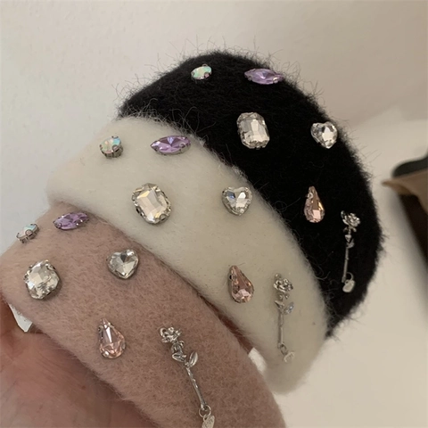 Plush Rhinestone Rose Headband Wide Brim Thickened Hair Band With Metal Flower For Women Korean Style Fashion Soft