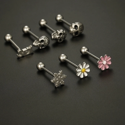 Anneaux De Langue En Acier Inoxydable Crâne Fleur De Marguerite Motif Flocon De Neige Bijoux De Piercing Corporel Pour Hommes Femmes