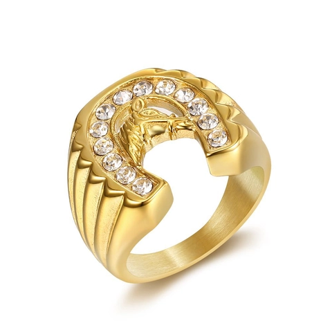 Hip Hop Men Signet Ring Horse Head Horseshoe Design 18K Gold Plated Stainless Steel Inlaid Cubic Zirconia Rhinestones