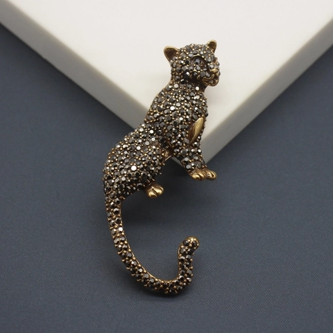 Vintage Leopard Brooch Zinc Alloy With Black Rhinestone Animal Shape Retro Style Jewelry For Women