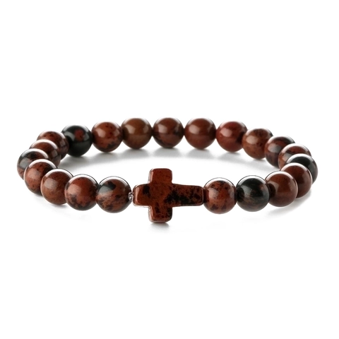 Pulsera de Cuentas Cruz de Piedra Natural Lava Volcánica Ojo de Tigre Ágata Turquesa Cuerda Elástica Joyería Regalo Hombre Mujer