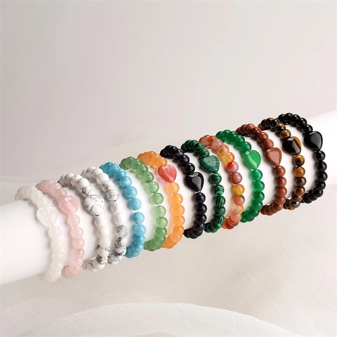 Heart Shaped Natural Stone Beaded Bracelet Tiger Eye Agate Quartz Round Bead Elastic Jewelry Men Women Unisex Gift
