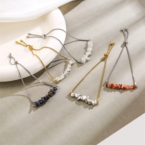 Natural Stone Chip Bracelet With Stainless Steel Box Chain Adjustable Bolo Slider Clasp Minimalist Fashion Jewelry For Women