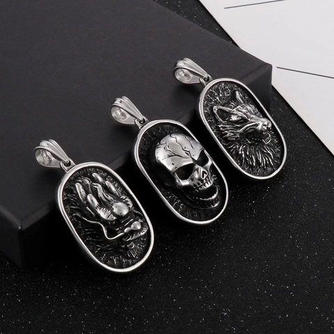 Retro Stainless Steel Pendant Punk Gothic Wolf Skull Dragon Head Relief Oval Charm Jewelry For Men