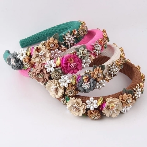 Cerchietto Largo In Tessuto Fatto A Mano Con Fiori Künstliche Perle Artificiali E Strass Elegante Fascia Per Capelli Retrò Da Donna
