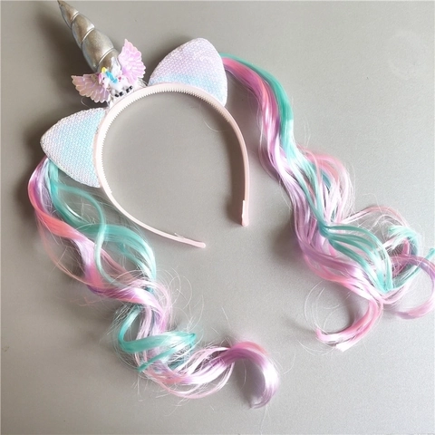 Kids Unicorn Headband With Long Curly Gradient Synthetic Wig Sequin Ears Wings For Party Cosplay Dressing Up Girls