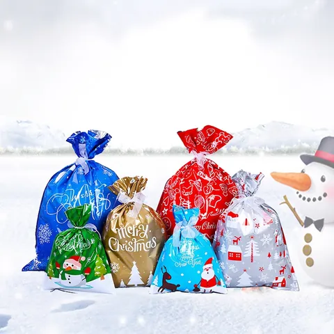 Christmas Gift Bags Plastic Drawstring Wrap Bags With Ribbon Tie For Holiday Party Treats Reusable Favors