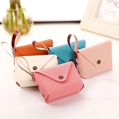 Mini Coin Purse PU Leather Envelope Style With Snap Button And Portable Hand Strap Candy Macaron Color Wallet For Keys