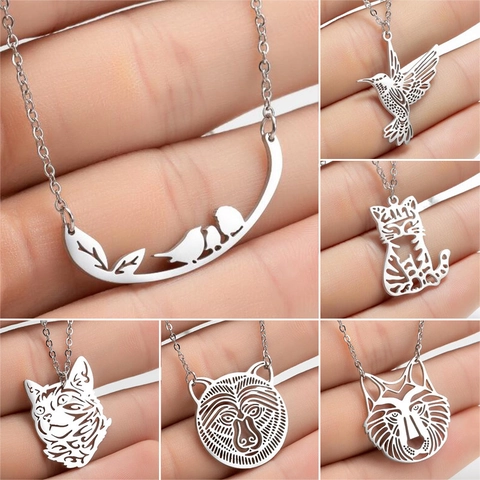 Collana Pendente Acciaio Inossidabile Cavo Animale Uccello Gatto Orso Leone Motivo Catena Clavicola Gioielli Minimalisti Donne