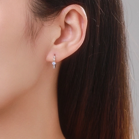 925 Sterling Silver Hoop Earrings With Light Blue Opal And Cubic Zirconia Japanese Style Dainty Jewelry For Women