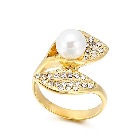 Anello Aperto in Acciaio al Titanio Fashion Western per Donna Perla Artificiale Strass Incastonato Anello da Dito Foglia Geometrica Oro