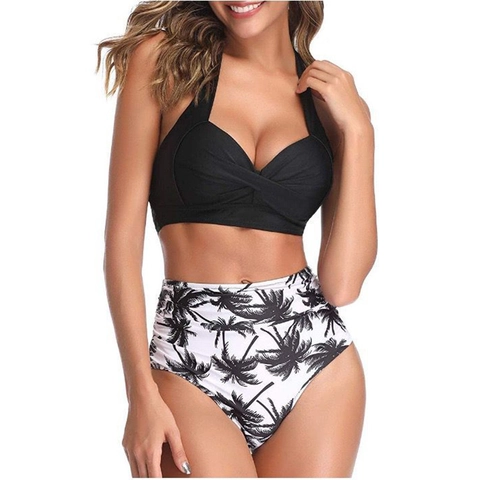Halter Neck Twist Front Bikini Top Und High Waisted Bedruckte Unterseite Badeanzug Für Frauen Retro Bademode Polyester