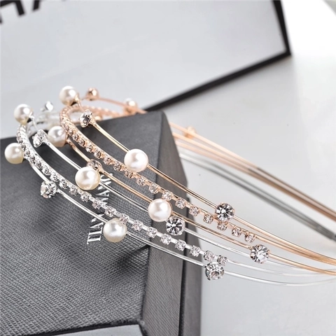 Elegant Double Layer Metal Headband With Faux Artificial Pearl And Rhinestone Korean Style Thin Sparkling Hair Band For Women