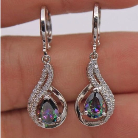 Boucles D'Oreilles Pendantes Goutte D'Eau Avec Zircon Arc-En-Ciel Mystique Cuivre Strass Ton Argent Bijoux Pour Femmes