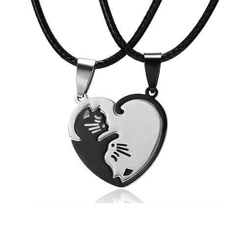 Cat Pendant Necklace Stainless Steel Yin Yang Matching Heart Puzzle Polished For Couples Men Women Hip Hop Jewelry