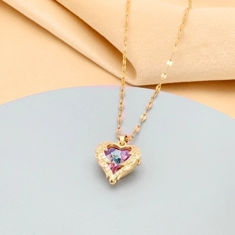 Collana con Pendente a Cuore in Acciaio Inossidabile di Moda per Donna Gioielli con Catena a Labbro in Oro Argento con Strass e Ali