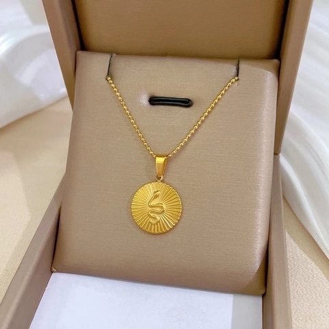 Snake Pendant Necklace Titanium Steel Round Medallion Sunburst Vintage Minimalist Gold Plated Jewelry For Women Men