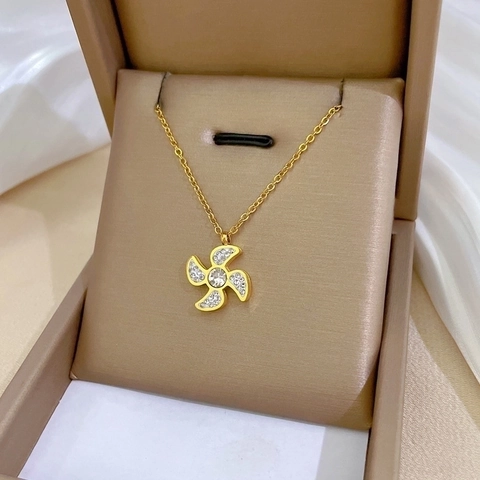 Windmill Pendant Necklace Titanium Steel Rhinestone Inlaid Minimalist Clavicle Chain Jewelry For Women