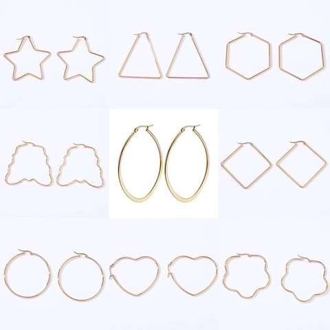 Geometric Stainless Steel Hoop Earrings For Women Vintage Gold Silver Plated Star Heart Rhombus Triangle Geometric Jewelry