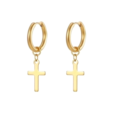 Minimalist Stainless Steel Cross Pendant Hoop Earrings For Women Men Unisex Gothic Punk Style Lever Back Earrings Gold Silver Black Jewelry