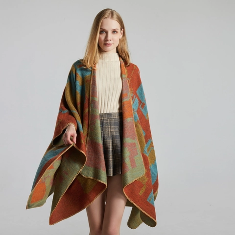 Dames Poncho Sjaal Cape Imitatie Kasjmier Open Voorkant Dik Warm Jacquard Geometrisch Bloemen Winter Wikkel Mantel
