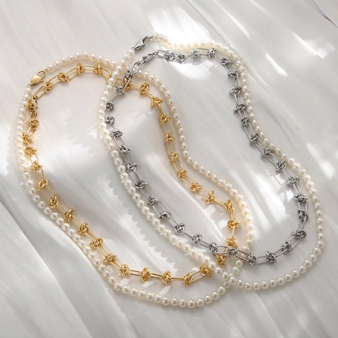 Doppellagige Halskette Mit Edelstahl Geknoteter Kette Und Weißen Kunstperlen Für Damen Hip Hop Ins Mode Stil