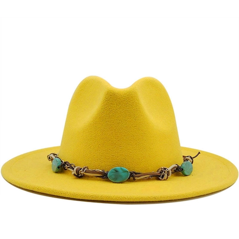 Women Wide Brim Fedora Hat Woolen Felt Bohemian Ethnic Woven Band Turquoise Decor Retro Jazz Cap