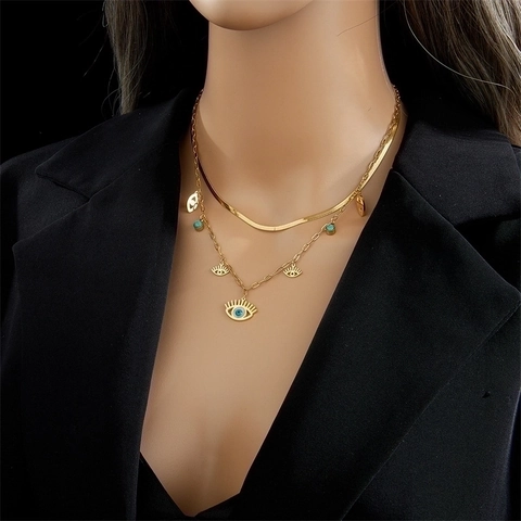 Vintage 18K Gold Plated Stainless Steel Double Layered Necklace With Evil Eye Pendants Snake Chain For Women Fashion Jewelry