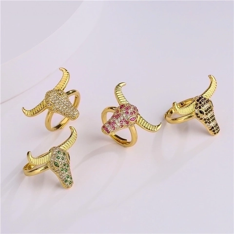 Bull Head Ring Copper Micro Paved Zircon Bohemian Adjustable Open Ring Fashion Jewelry For Women