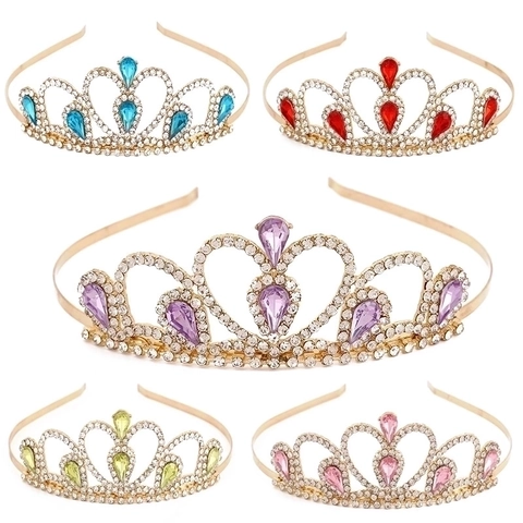 Girl Princess Crown Tiara Headband Alloy Rhinestone Heart Shape Colorful Water Drop Gem Party Wedding Hair Accessory