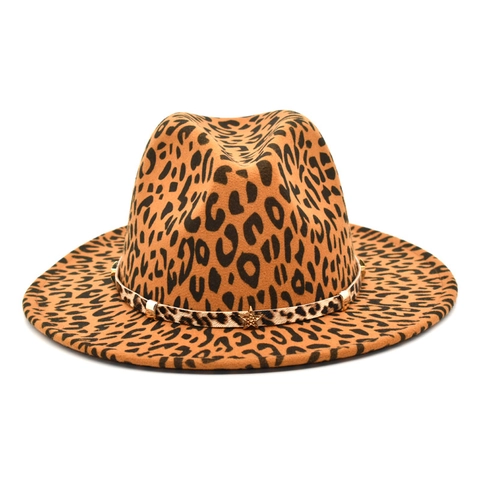 Leopard Print Fedora Hat Wide Brim Cotton Polyester Woolen Feel Metal Star Decor Outdoor Fashion Jazz Hat Unisex
