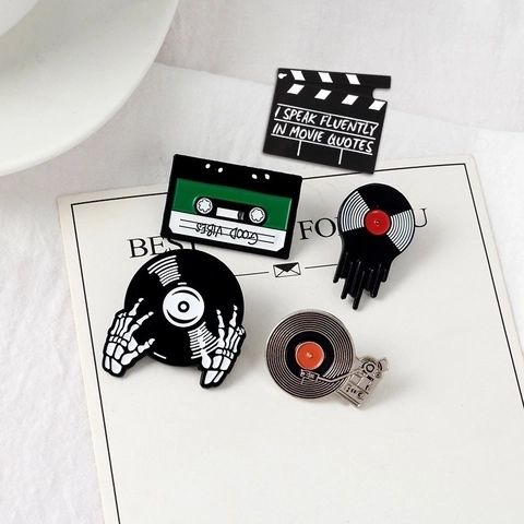 Retro Music Enamel Pins Alloy Vinyl Record Cassette Movie Clapperboard Brooches For Backpacks Jackets Trendy Accessories