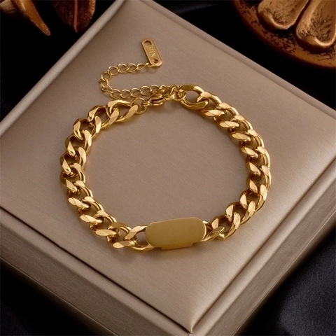 Minimalistische Roestvrij Staal Schakelketting Armband Voor Dames Goud Zilver Verguld Rechthoekige ID Tag Heavy Metal Sieraden