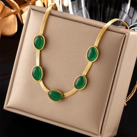 Vintage Stainless Steel Green Rhinestone Necklace Bracelet Stud Earrings For Women Elegant Gold Plated Jewelry Collection