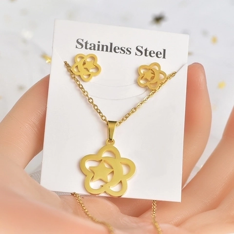 Collana E Orecchini Acciaio Inossidabile Fiore Fiocco Di Neve Croce Motivo Geometrico Gioielli Di Moda Per Donne