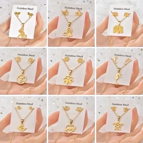 Collana E Orecchini In Acciaio Inossidabile Placcato Oro Per Donna Pendente Animale Vintage Farfalla Elefante Libellula