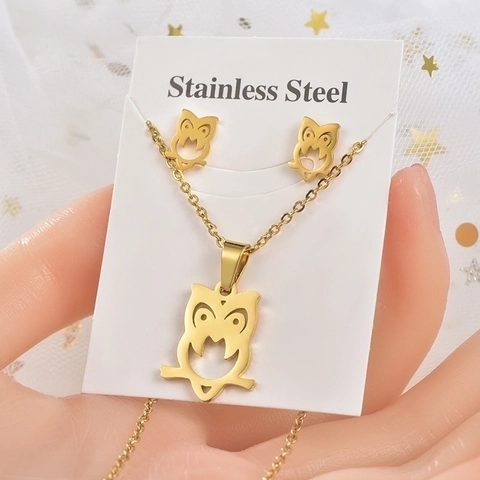 Stainless Steel Animal Jewelry Butterfly Owl Dolphin Necklace And Earrings Fashion Gold Plated Accessories For Women