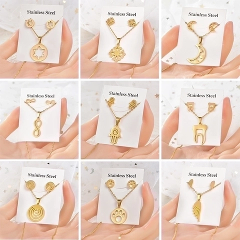 Edelstahl Halskette Und Ohrstecker Vergoldet Hamsa Hand Mond Unendlichkeit Schmuck Für Damen Herren