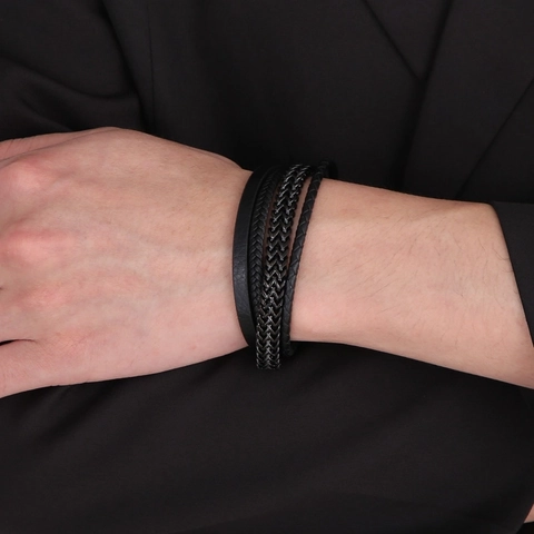 Pulsera De Cuero Genuino Trenzado Multicapa Con Cadena De Acero Inoxidable Y Cierre Magnético Para Hombres